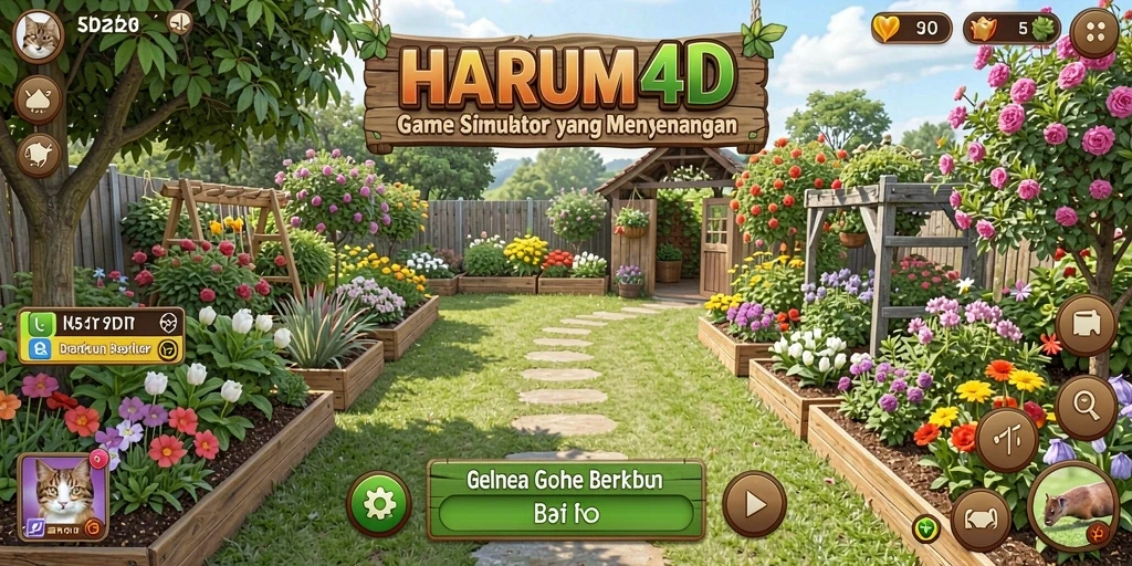 Tangkapan layar gameplay HARUM4D menunjukkan kebun yang subur dan interaksi petani.