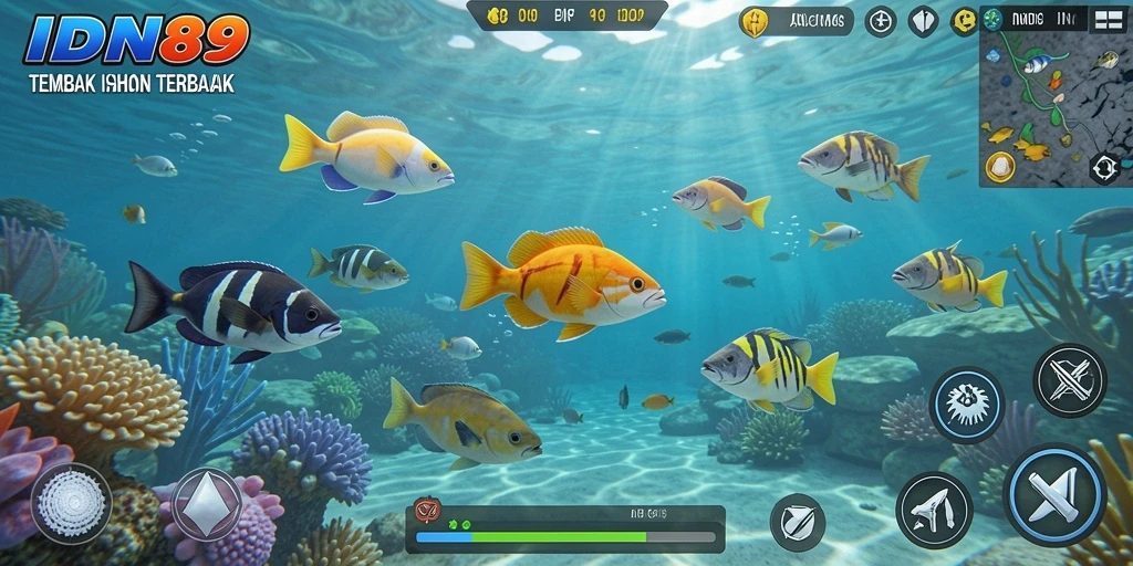 Tampilan gameplay seru di IDN89, menembak ikan berwarna-warni