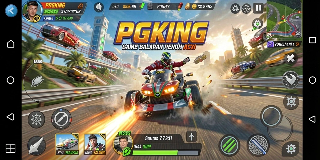 Tampilan screenshot PGKING menampilkan aksi balapan yang intens.