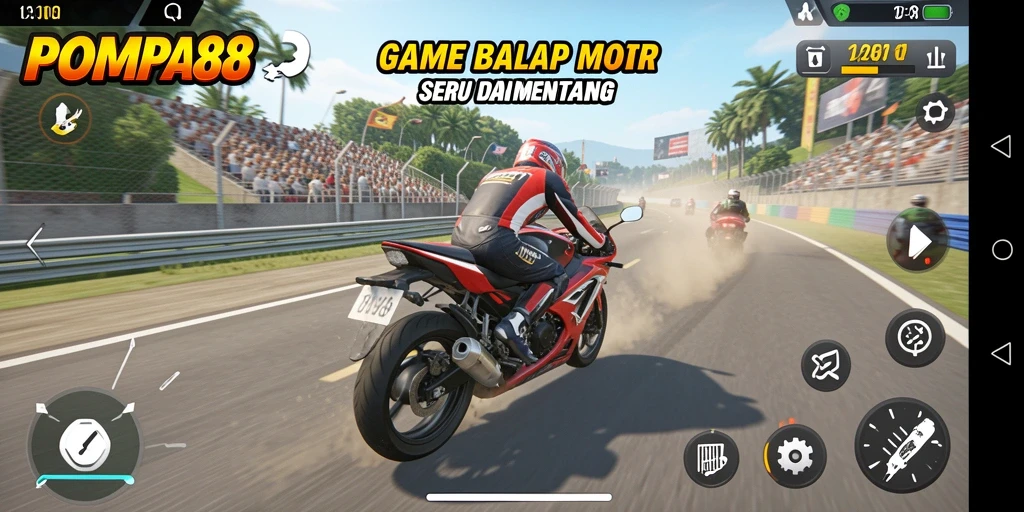 Screenshot gameplay POMPA88 menampilkan aksi balap motor yang mendebarkan.