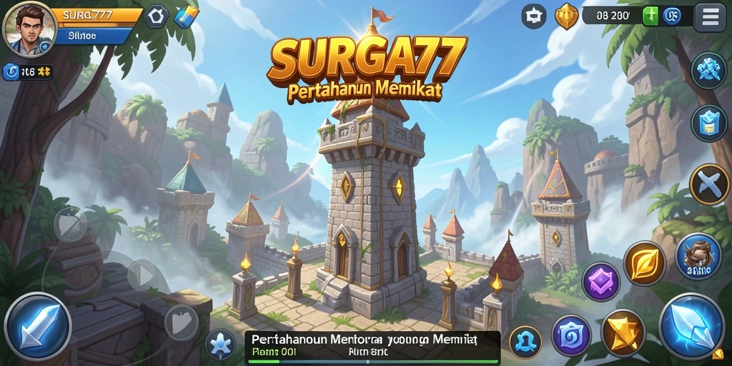 Screenshot gameplay SURGA77 menampilkan aksi menara dan serangan musuh.