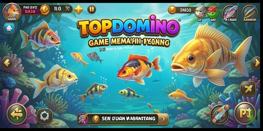 Screenshot gameplay TOPDOMINO menampilkan pemancing yang sedang asyik menangkap ikan.